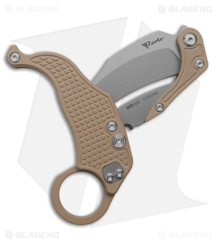 Reate Knives Reate EXO-K Gravity Karambit Button Lock Knife Tan Aluminum (3.1" Stonewash) 2 Reate Knives Reate EXO-K Gravity Karambit Button Lock Knife Tan Aluminum (3.1" Stonewash) - Image 2
